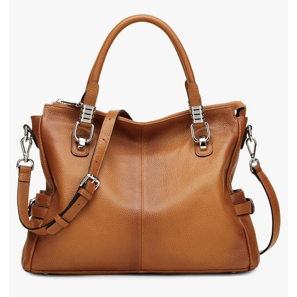 S-ZONE Leather Handbag Shoulder Purse Tote Crossbody Bag Brown Silver 13x11x5